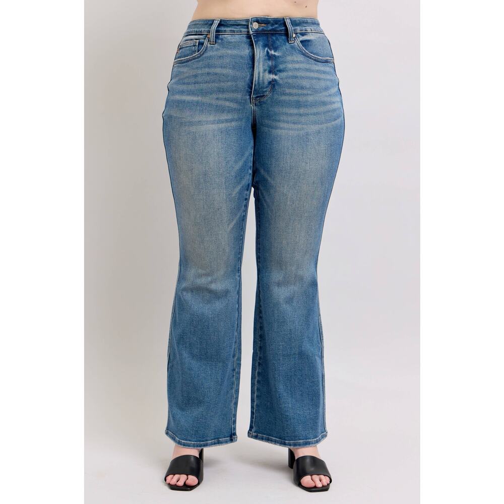 Mid Rise Tummy Control Vintage Wash Flare Jeans - Women's Premium Denim